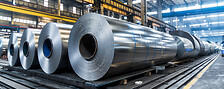 Industrial aluminum rolls in a warehouse with bright lighting.