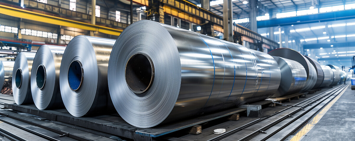 Industrial aluminum rolls in a warehouse with bright lighting.