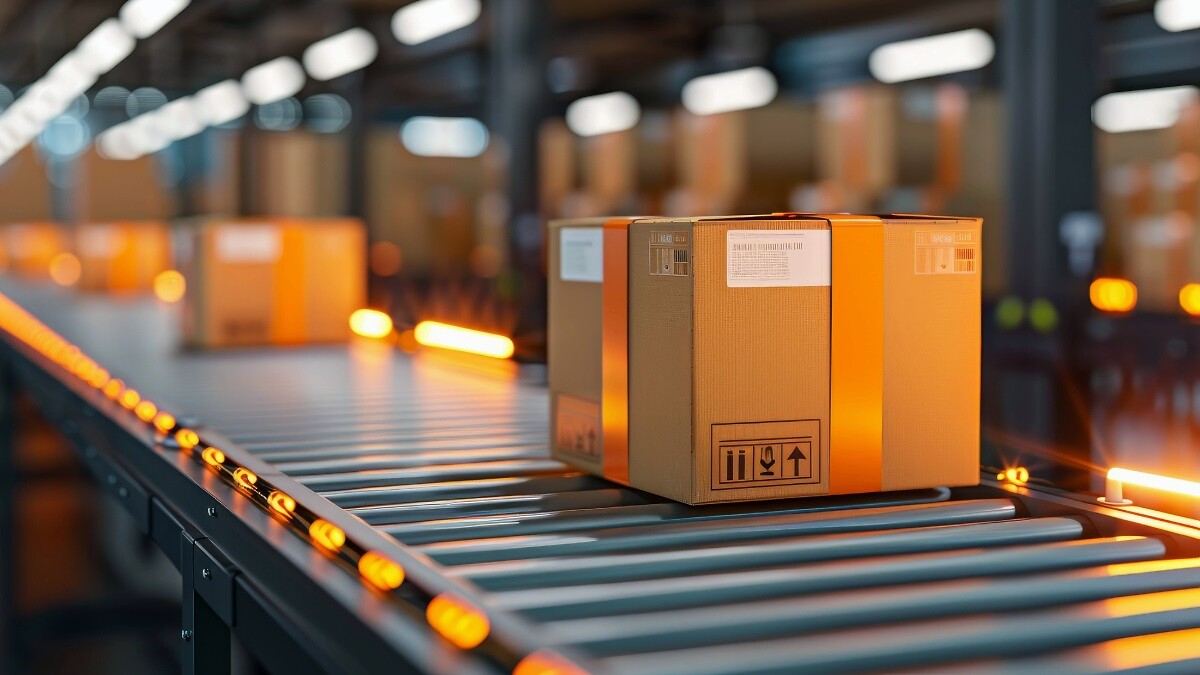 Freight packages sorted for courier dispatch, movement, cover all objects, deep depth of field, copy