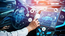 Driverless car interior with futuristic dashboard for autonomous control system . Inside view of cockpit HUD technology using AI artificial intelligence sensor to drive car without people driver .