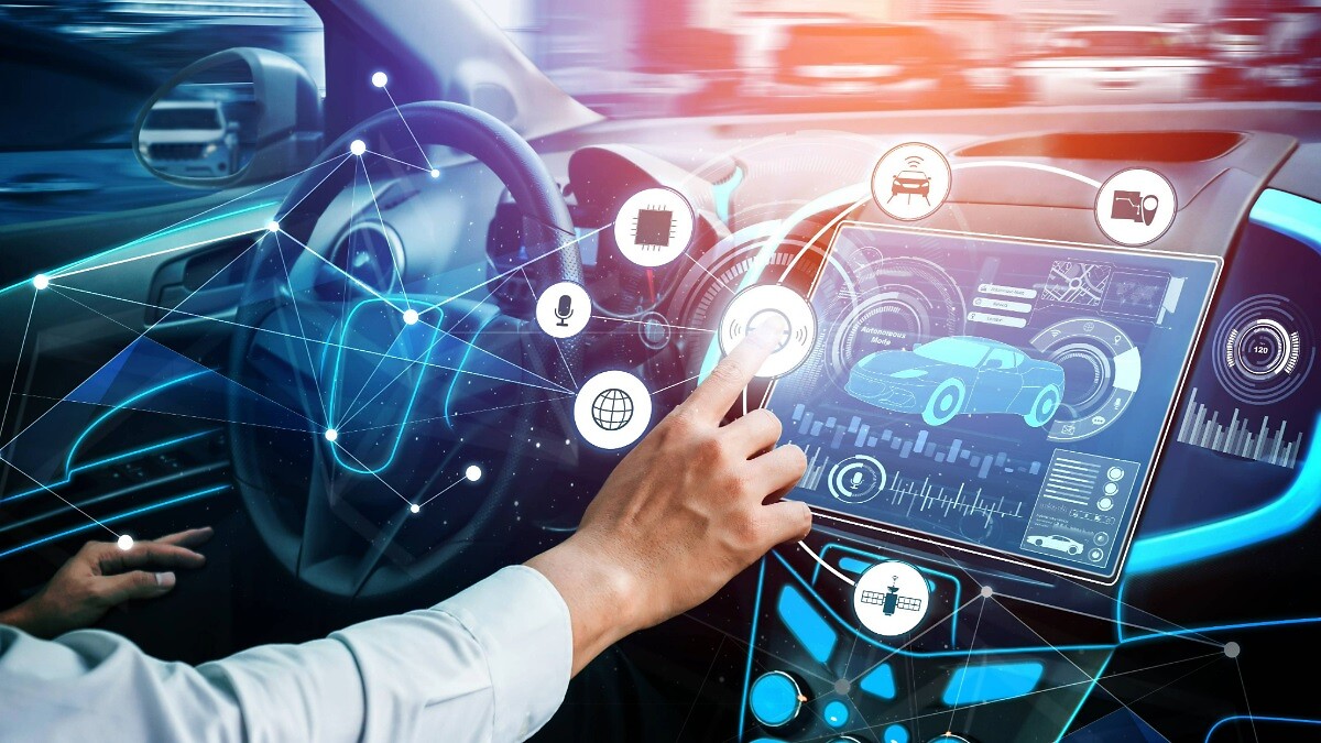 Driverless car interior with futuristic dashboard for autonomous control system . Inside view of cockpit HUD technology using AI artificial intelligence sensor to drive car without people driver .
