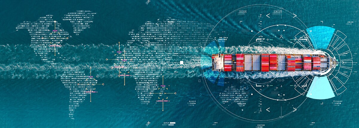 boat with a world map and some graph