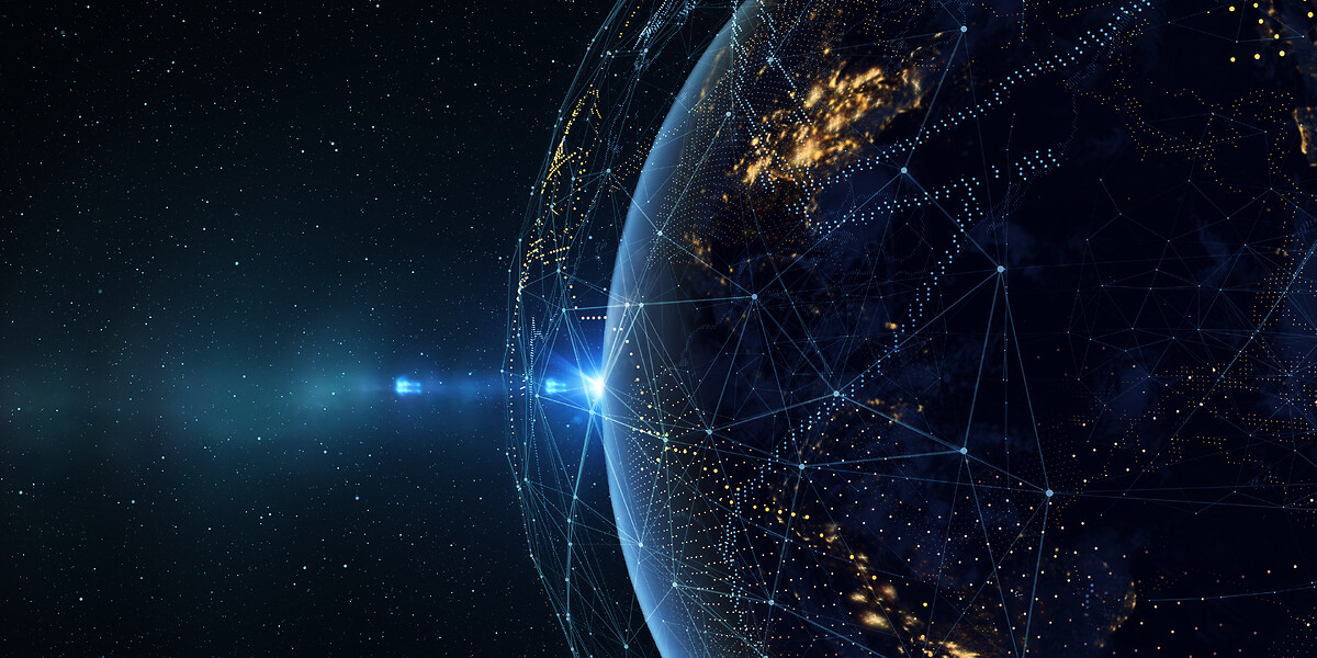 Earth from space at night with a digital communication system. 3D illustration