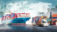 multiple type of transport with a world map and skyline in the background