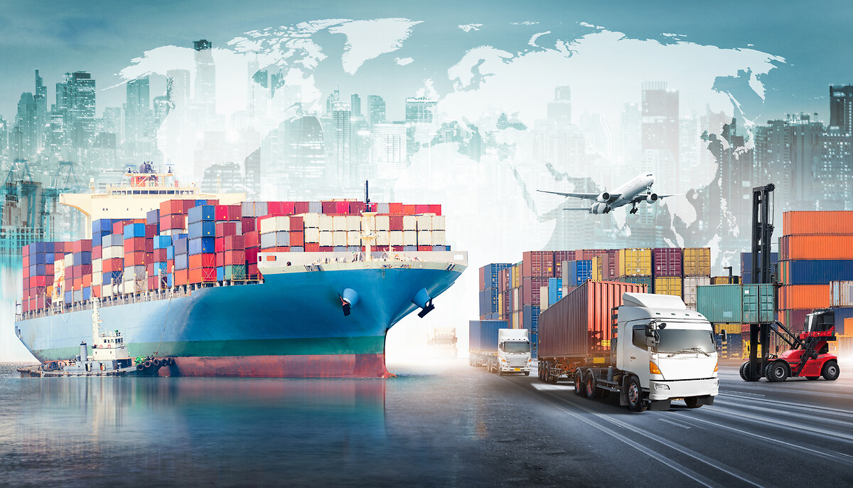 multiple type of transport with a world map and skyline in the background