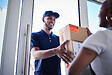 Ecommerce, happy delivery man with box and woman at her front door. Online shopping or logistics, s
