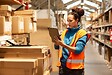 People and parcels in a warehouse